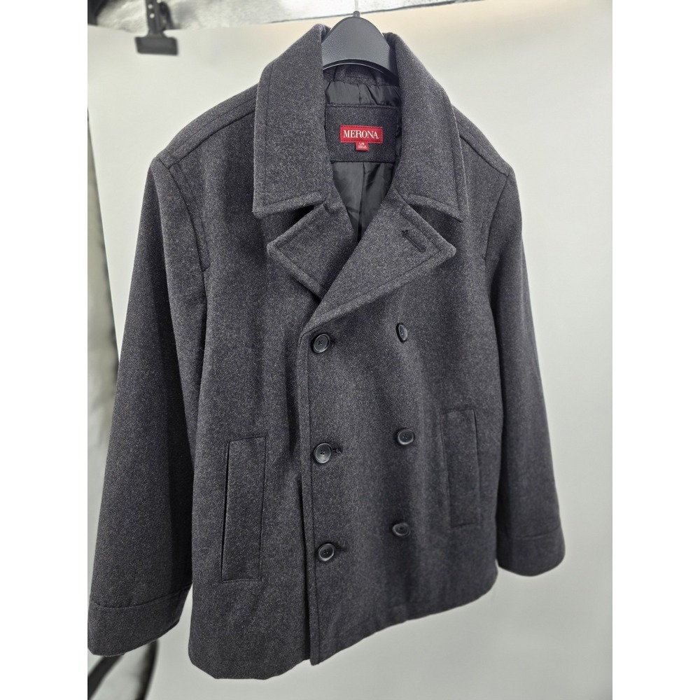 Merona Men's Dark‎ Grey Double Breasted Wool Peacoat Jacket Size L  with Pockets